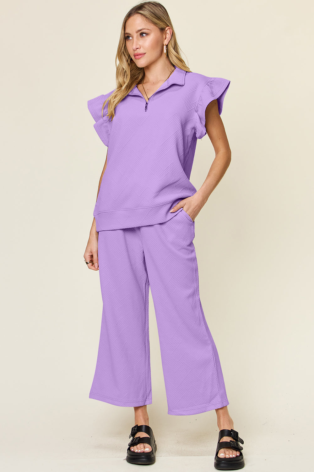 Double Take Texture Ruffle Short Sleeve Top and Drawstring Wide Leg Pants Set-Very Besty