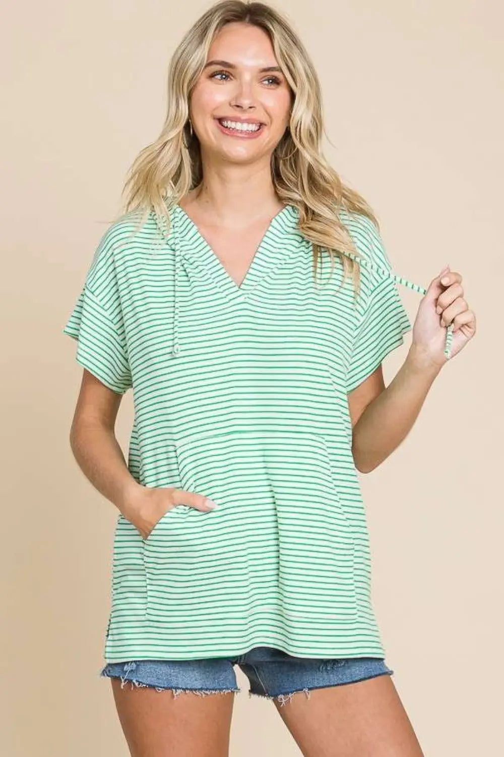Culture Code Full Size Striped Short Sleeve Hooded Top-Very Besty