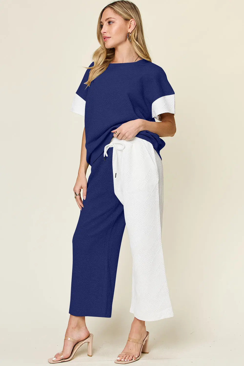 Double Take Full Size Texture Contrast T-Shirt and Wide Leg Pants Set-Very Besty