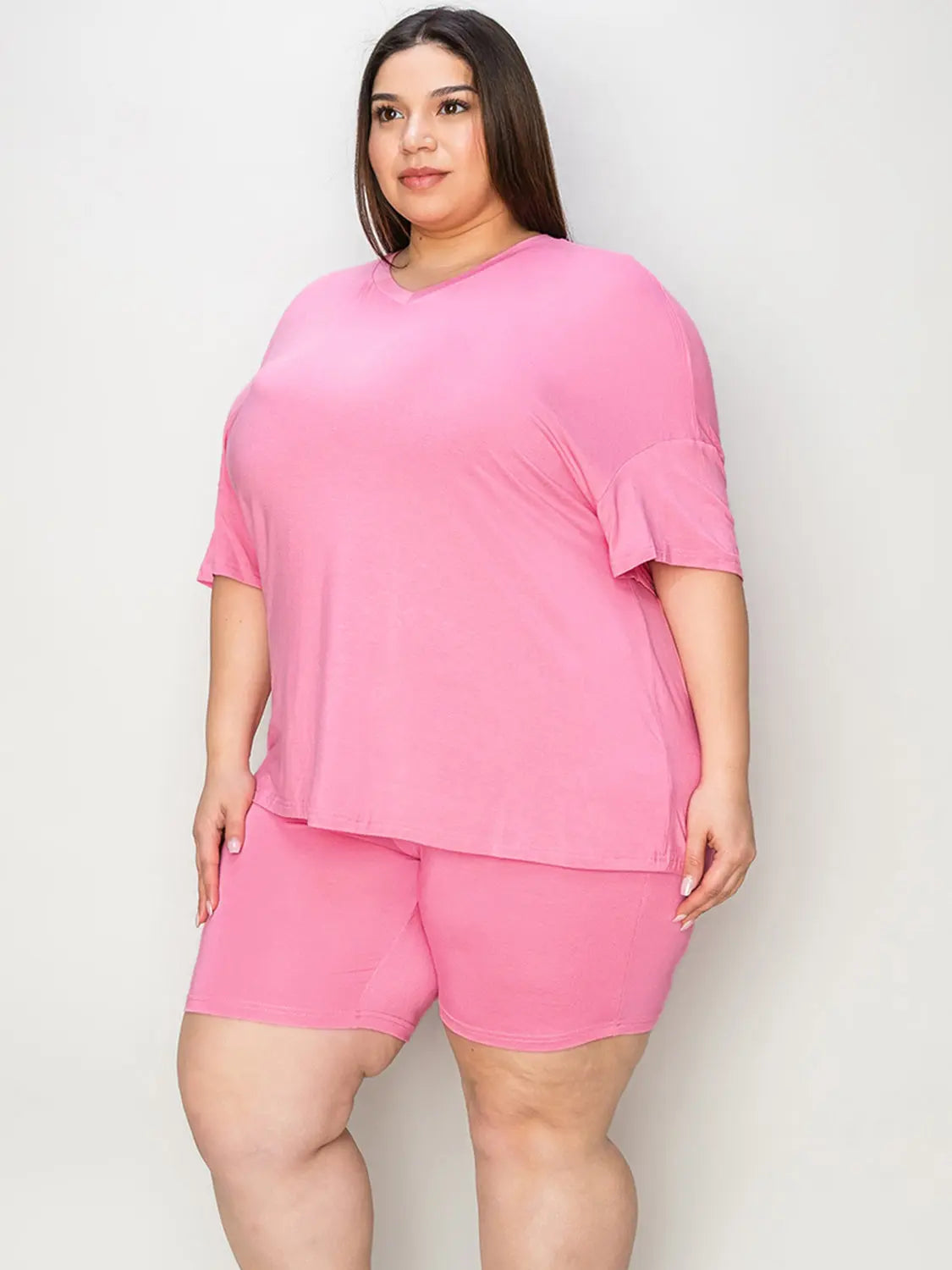 Basic Bae Full Size V-Neck Drop Shoulder T-Shirt and Shorts Set-Very Besty
