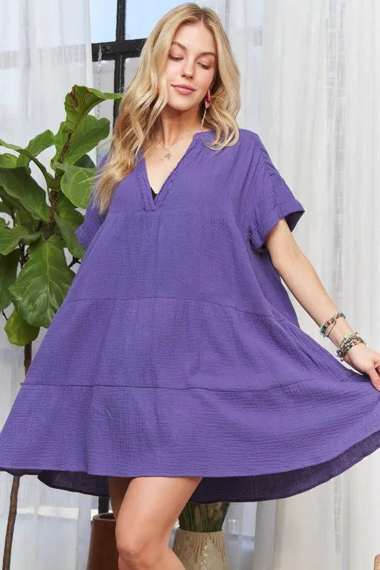 ADORA Tiered Notched Short Sleeve Dress-Very Besty