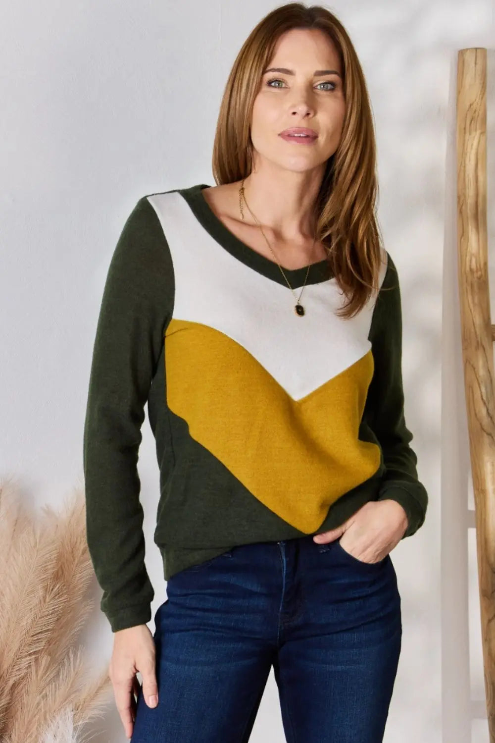 Hailey & Co Full Size Colorblock V-Neck Blouse-Very Besty
