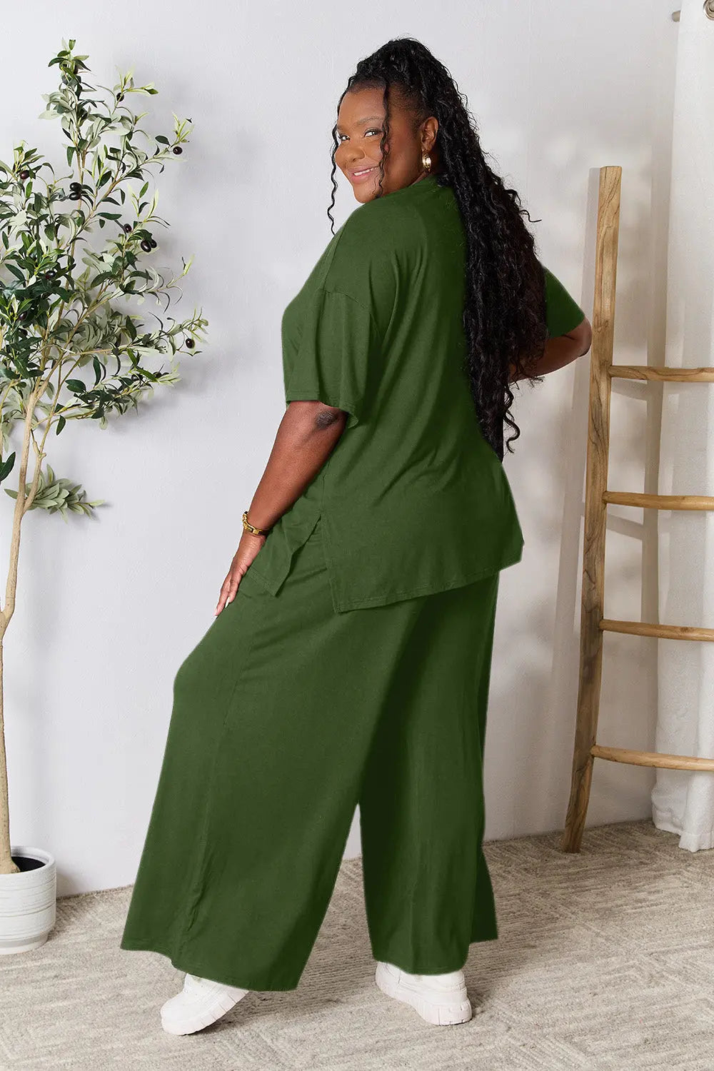Double Take Full Size Round Neck Slit Top and Pants Set-Very Besty