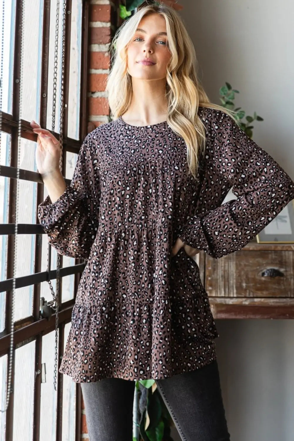 Heimish Leopard Long Sleeve Tiered Blouse-Very Besty