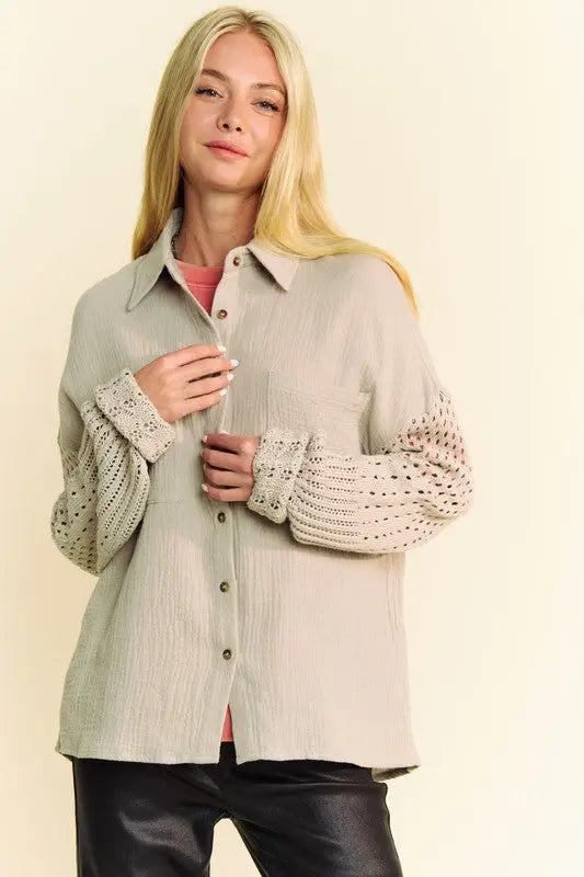Davi & Dani Crochet Sleeve Crinkled Texture Shirt-Very Besty