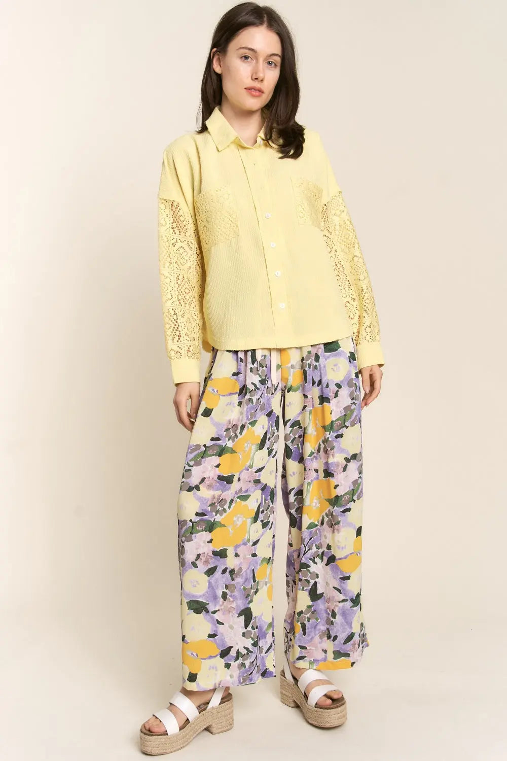 J.NNA Button Down Lace Long Sleeve Waffle Shirt-Very Besty