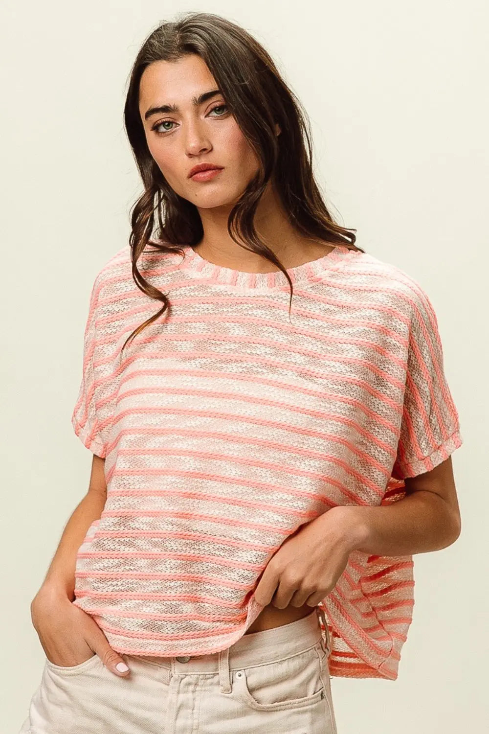 BiBi Braid Striped Short Sleeve Round Neck T-Shirt-Very Besty