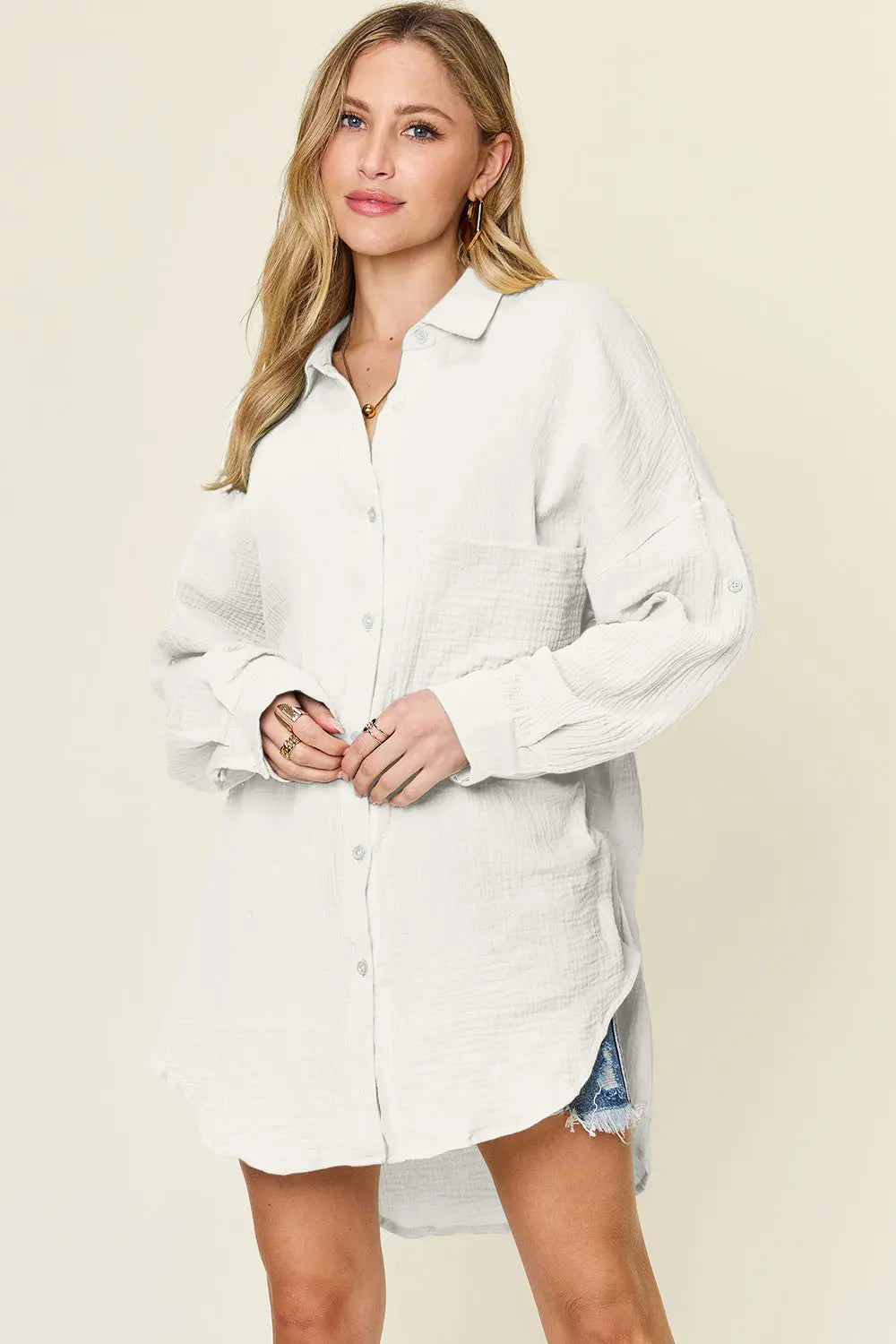 Double Take Full Size Pocketed Texture Button Up Shirt-Very Besty