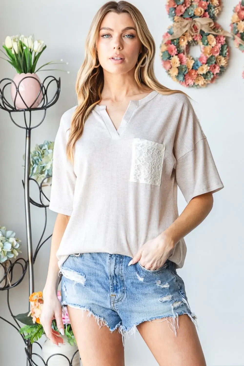 Heimish Full Size Lace Front Pocket Drop Shoulder Top-Very Besty