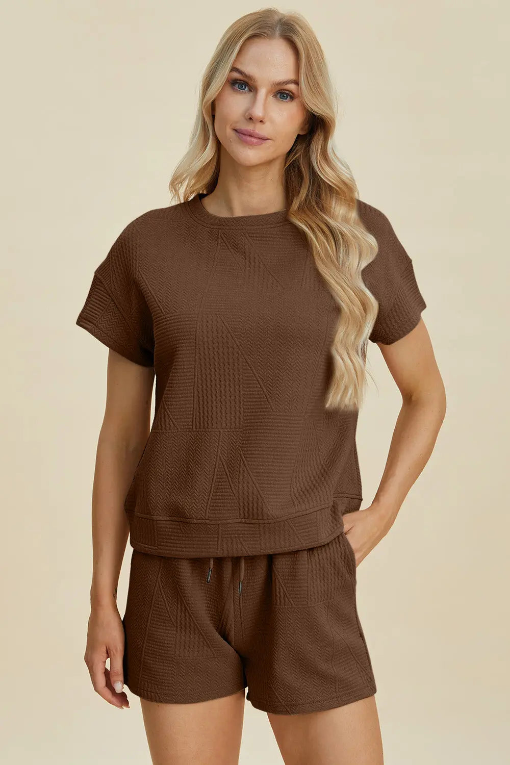 Double Take Full Size Texture Short Sleeve Top and Shorts Set-Very Besty