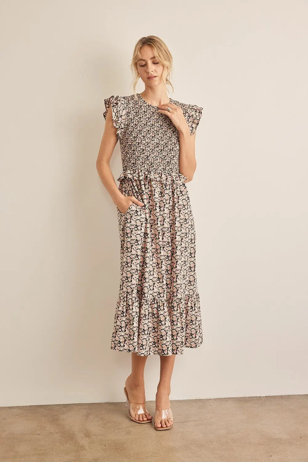 In February Floral Smocked Ruffled Midi Dress-Very Besty