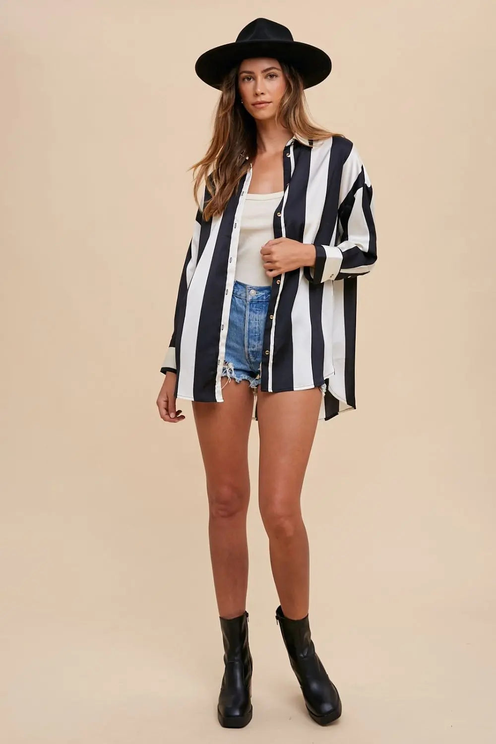 Annie Wear Striped Dropped Shoulder Button Up Shirt-Very Besty