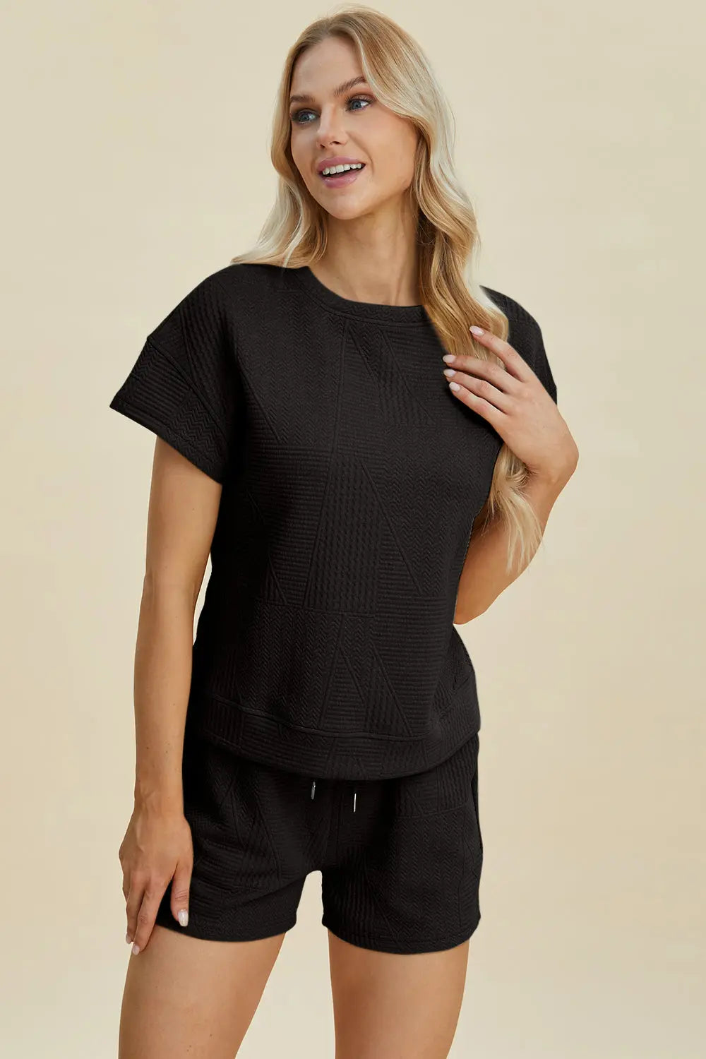 Double Take Full Size Texture Short Sleeve Top and Shorts Set-Very Besty