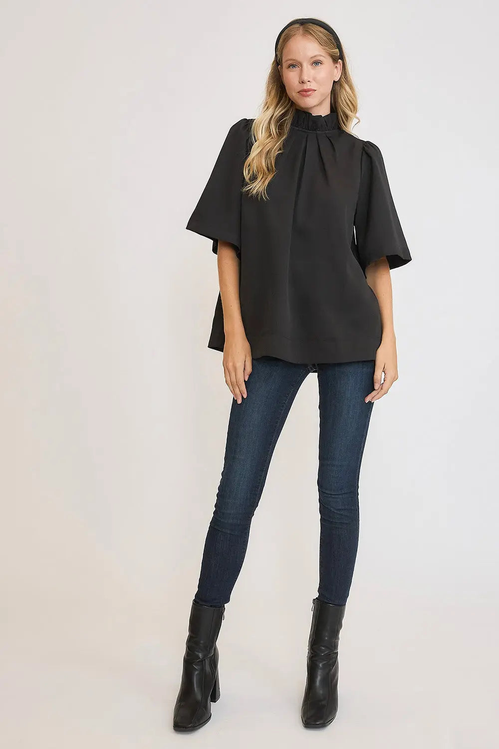 Umgee Bow Tie Back Mock Neck Half Sleeve Blouse-Very Besty