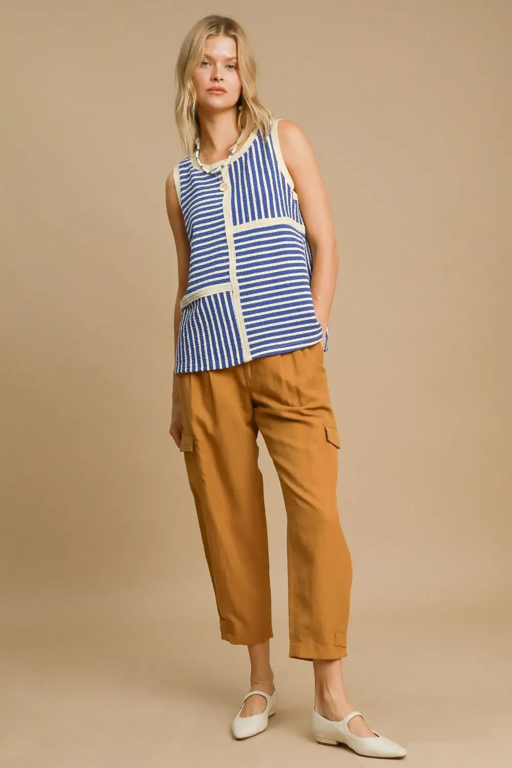 Umgee Round Neck Texture Striped Tank-Very Besty