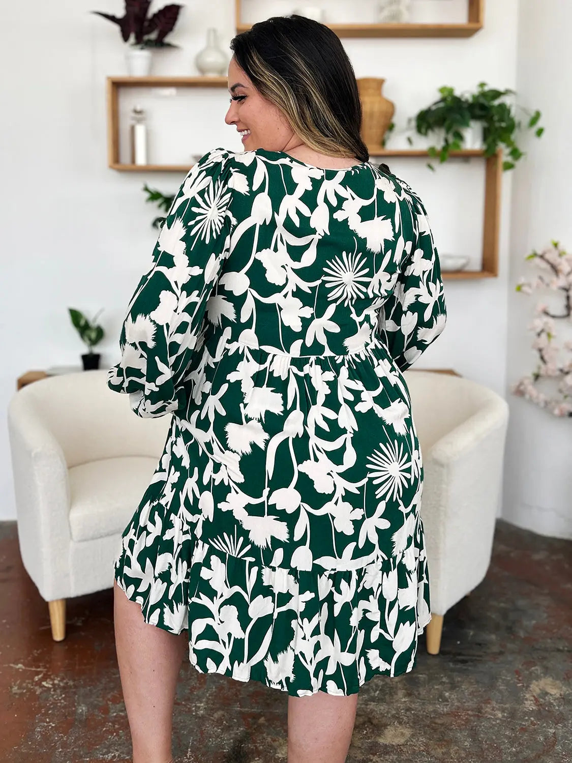 Double Take Full Size Printed Ruffle Hem Dress with Pocket-Very Besty