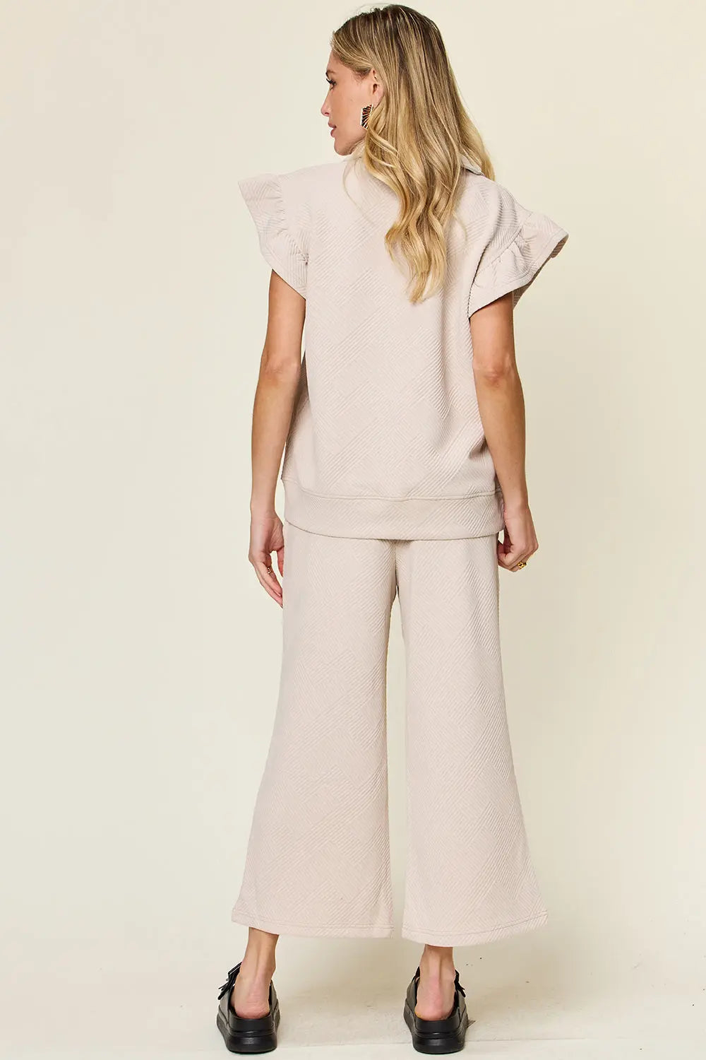 Double Take Texture Ruffle Short Sleeve Top and Drawstring Wide Leg Pants Set-Very Besty
