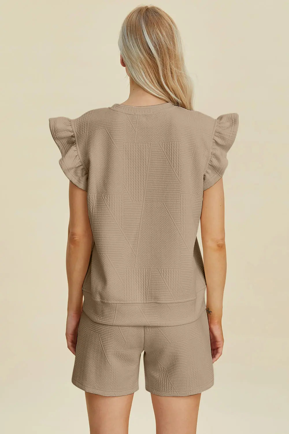 Double Take Full Size Texture Round Neck Ruffle Sleeve Top and Shorts Set-Very Besty