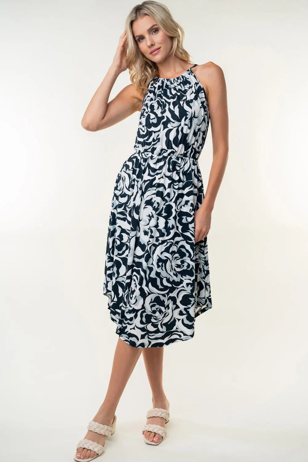 White Birch Tied Ruched Floral Sleeveless Knee Length Dress-Very Besty