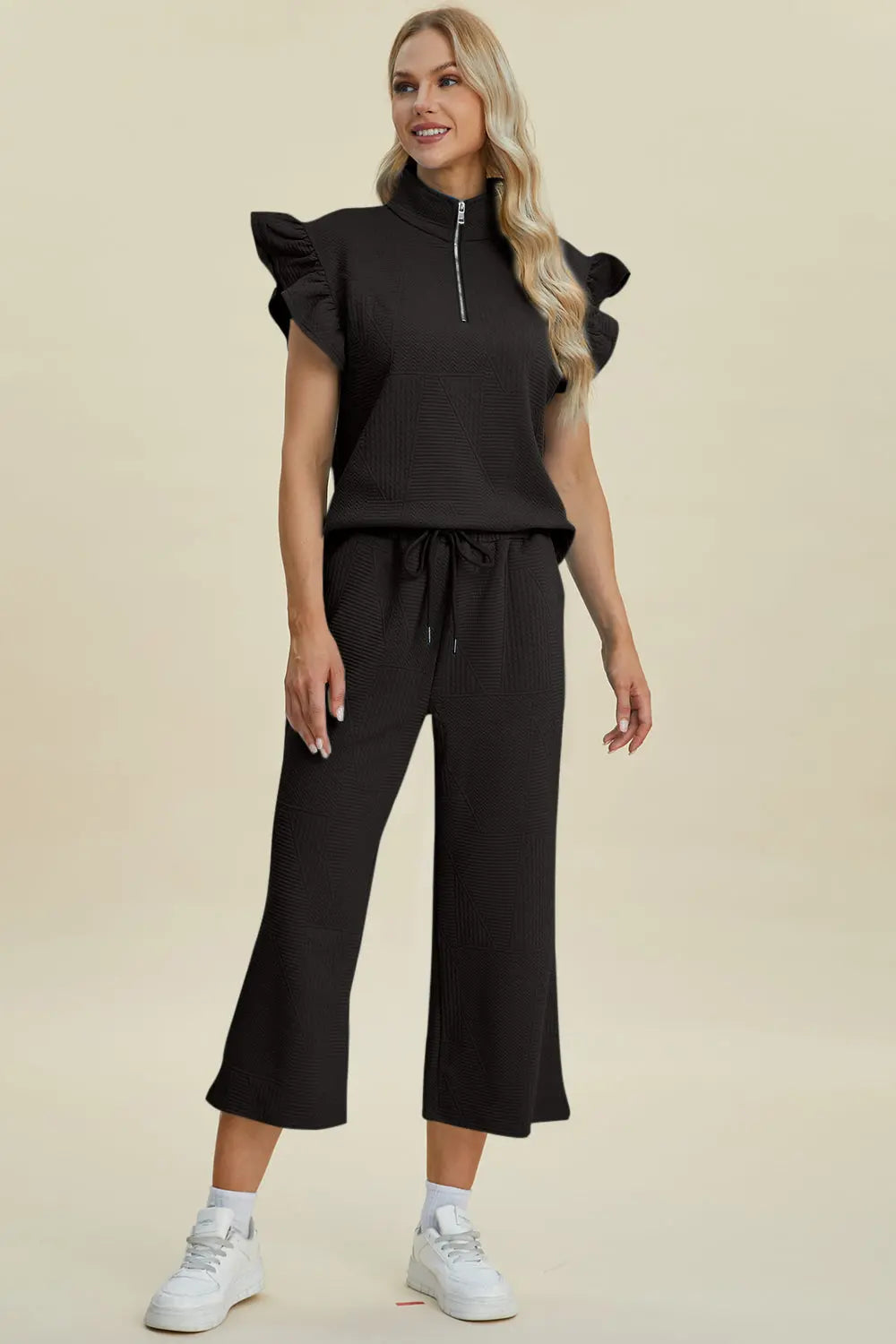 Double Take Full Size Texture Ruffle Short Sleeve Top and Wide Leg Pants Set-Very Besty
