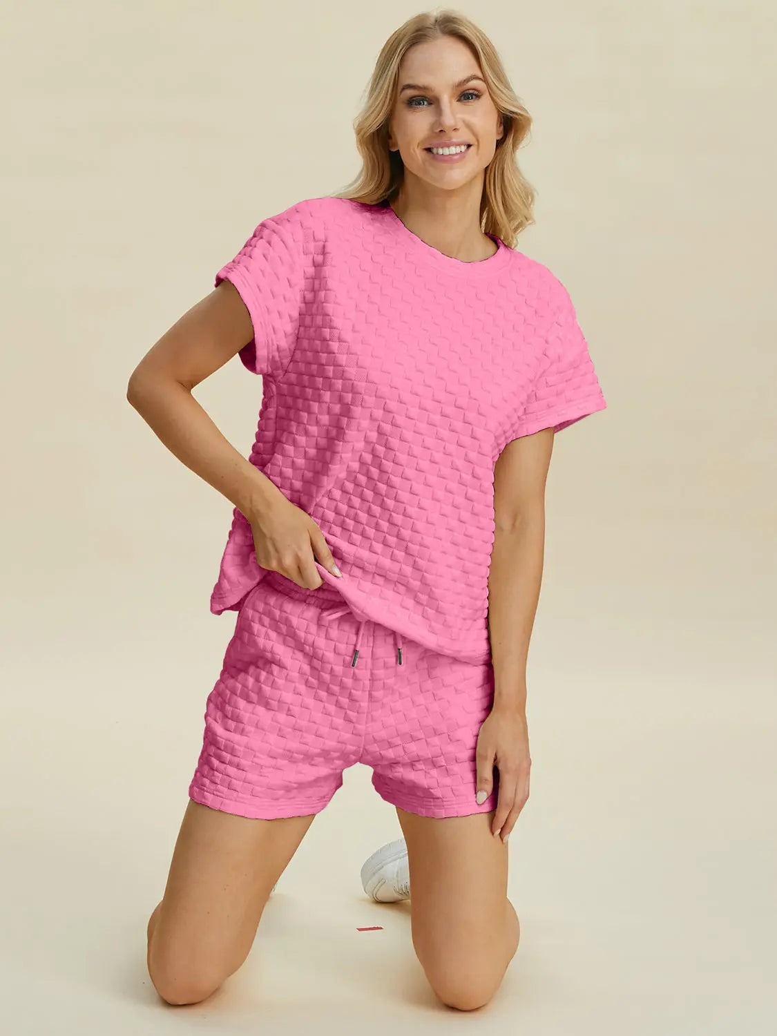 Double Take Full Size Texture T-Shirt and Shorts Set-Very Besty