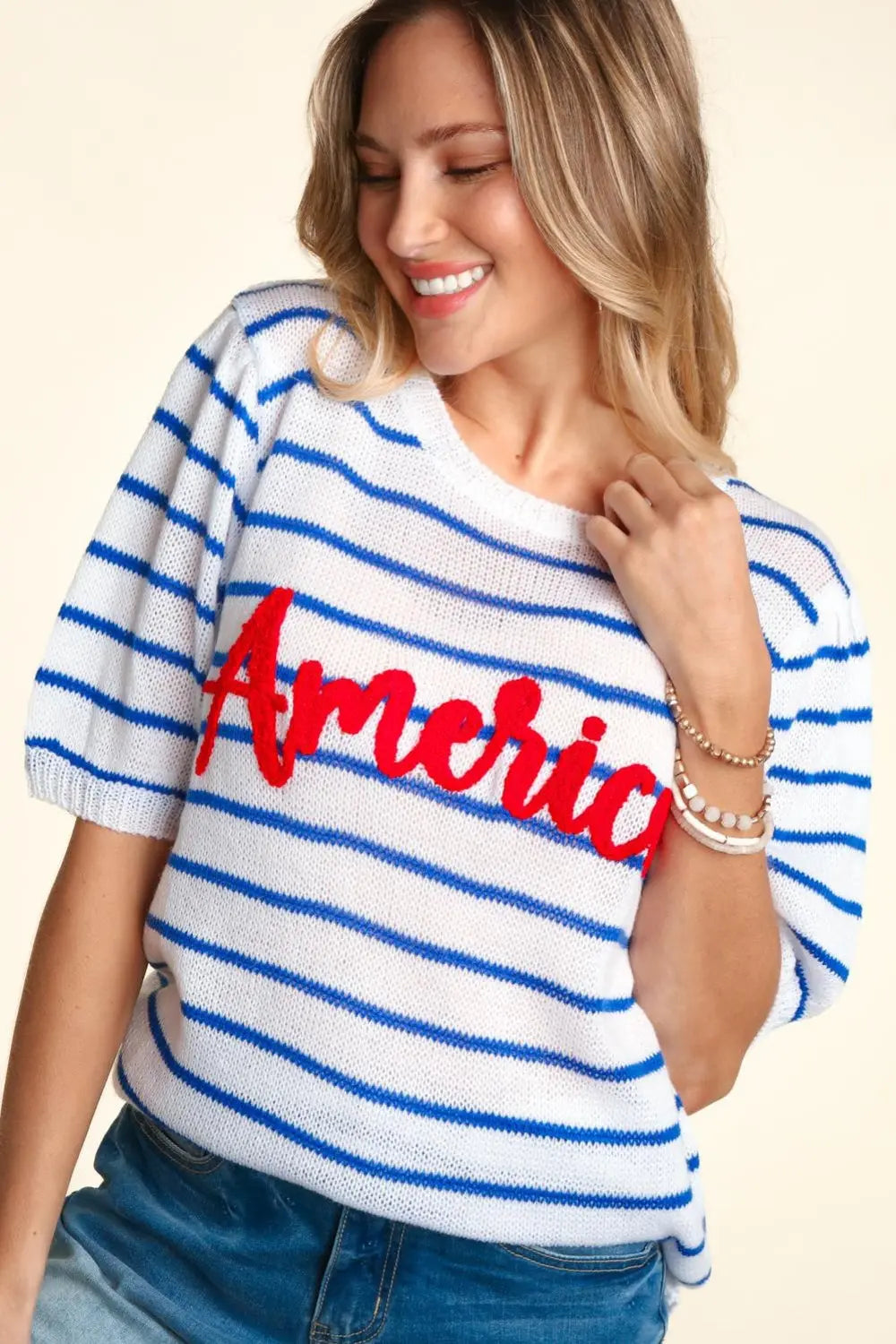 Haptics Letter Embroidery Striped Knit Top-Very Besty