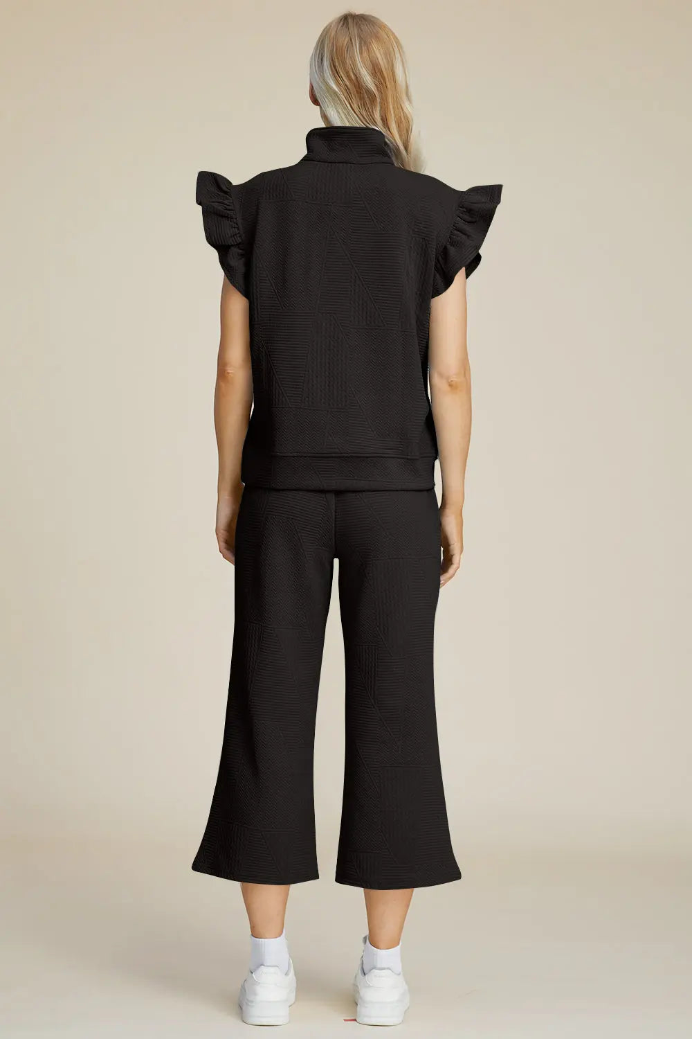 Double Take Full Size Texture Ruffle Short Sleeve Top and Wide Leg Pants Set-Very Besty