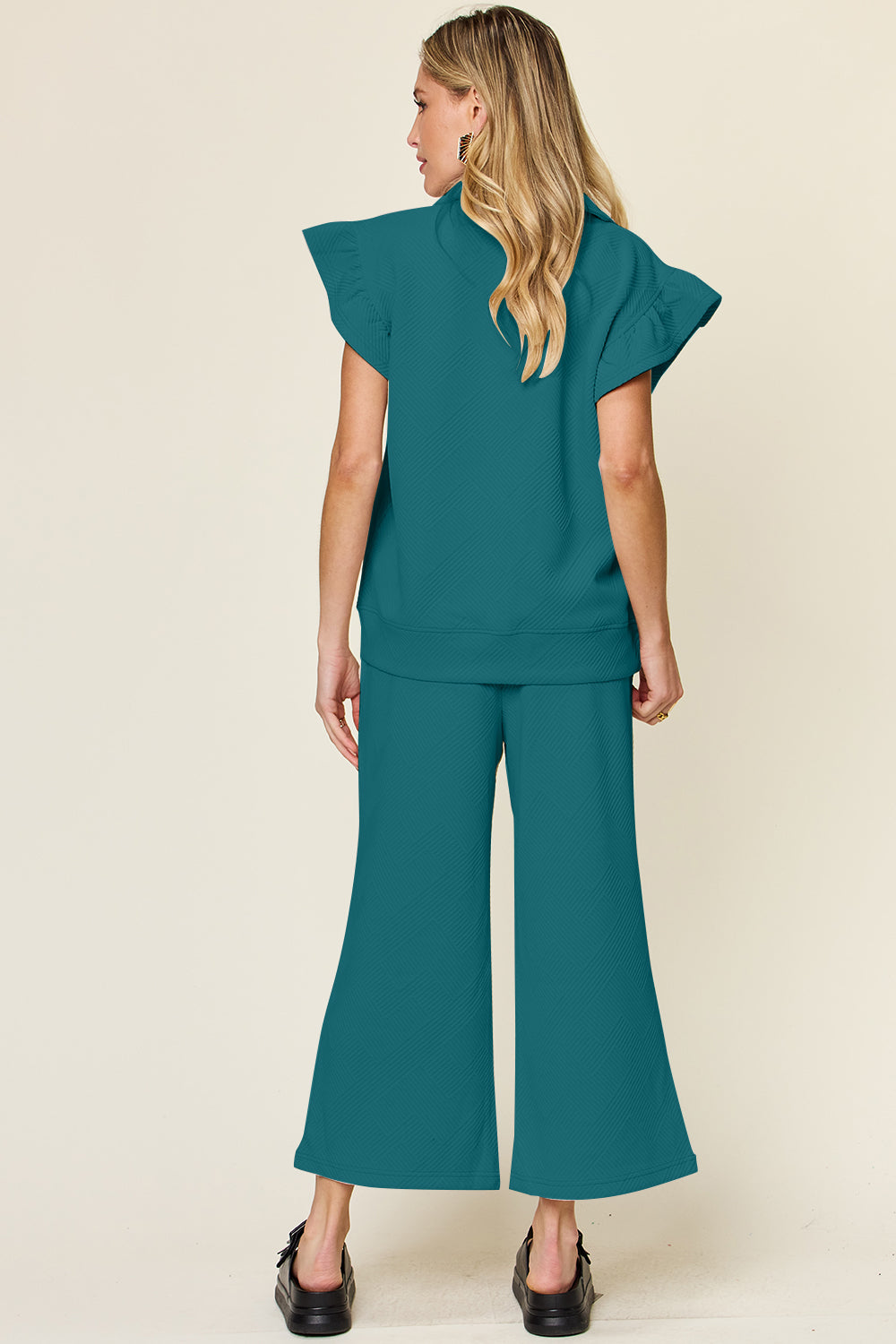Double Take Texture Ruffle Short Sleeve Top and Drawstring Wide Leg Pants Set-Very Besty