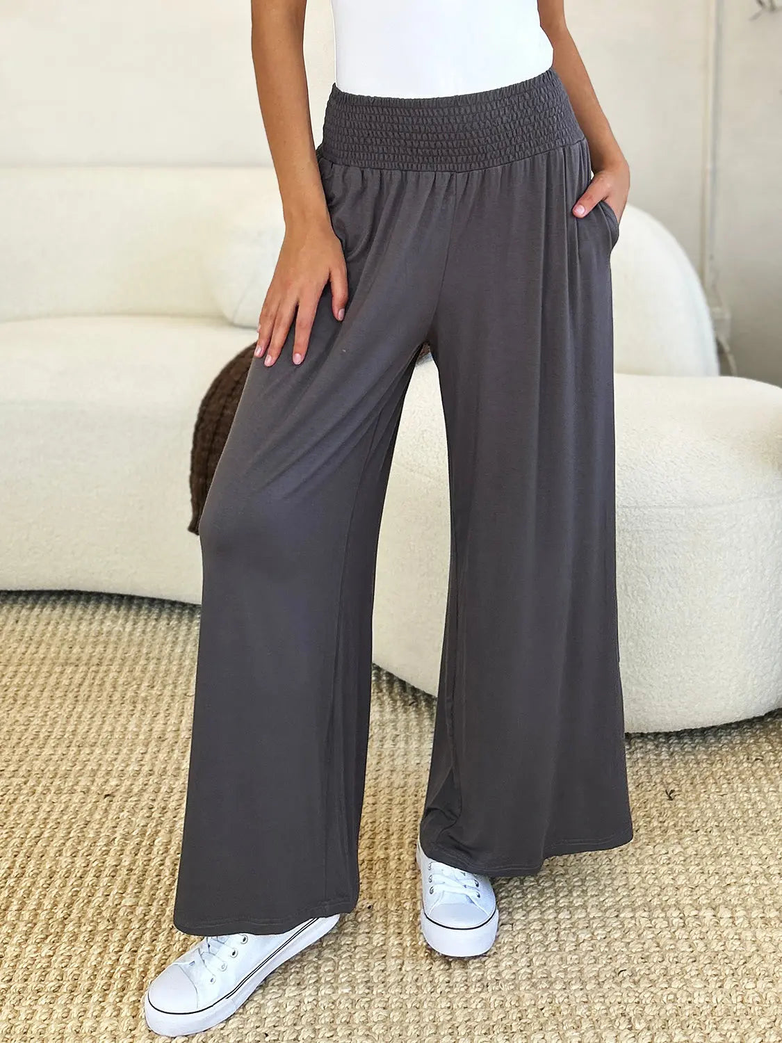 Basic Bae Full Size Smocked Wide Waistband Wide Leg Pants-Very Besty