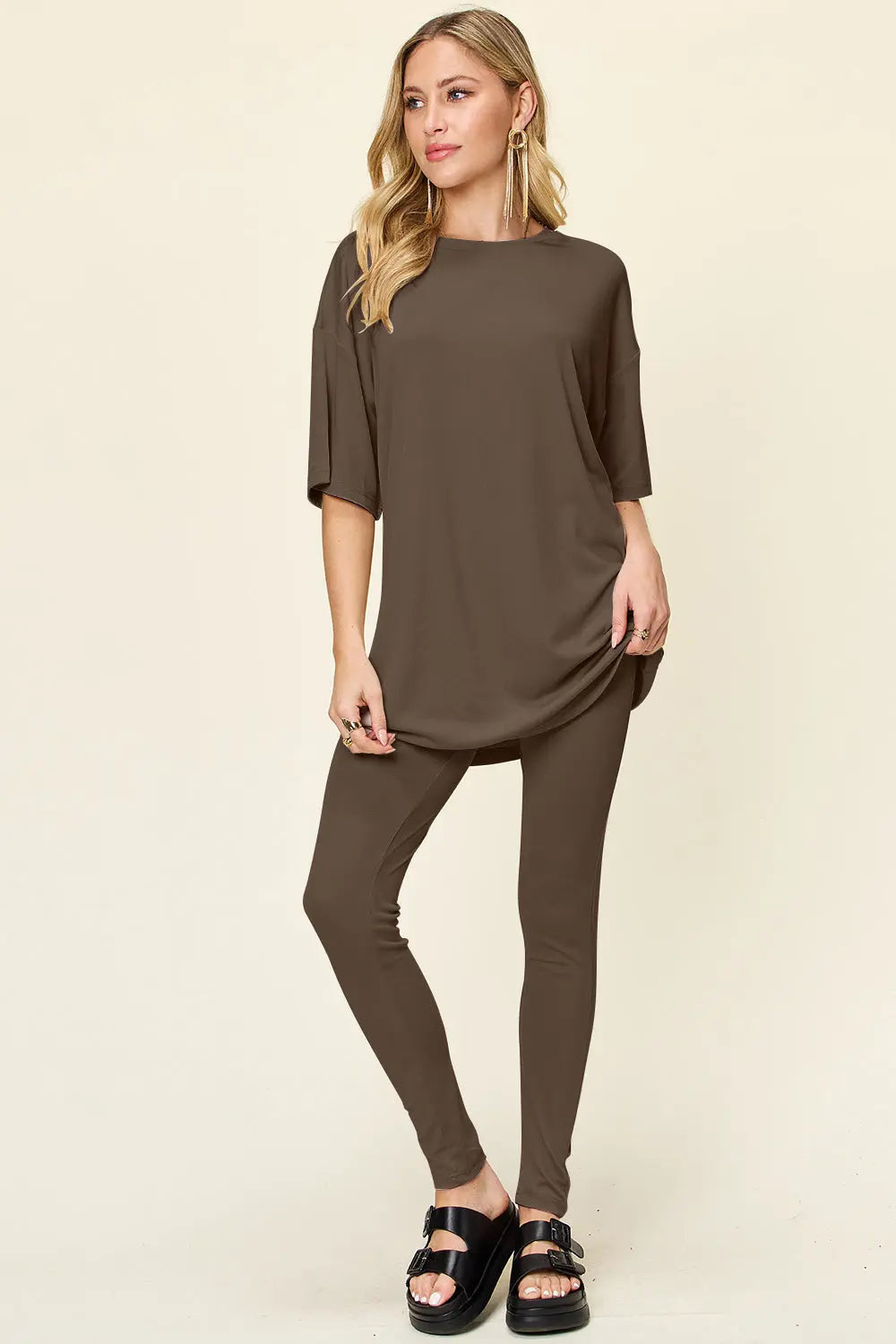 Double Take Full Size Round Neck Dropped Shoulder T-Shirt and Leggings Set-Very Besty