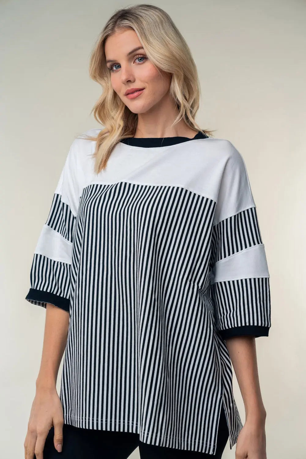 White Birch Full Size Striped Contrast Round Neck Top-Very Besty