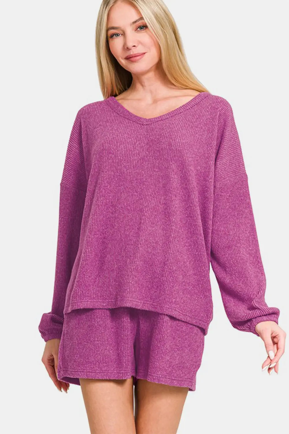 Zenana V-Neck Long Sleeve Ribbed Top and Shorts Set-Very Besty