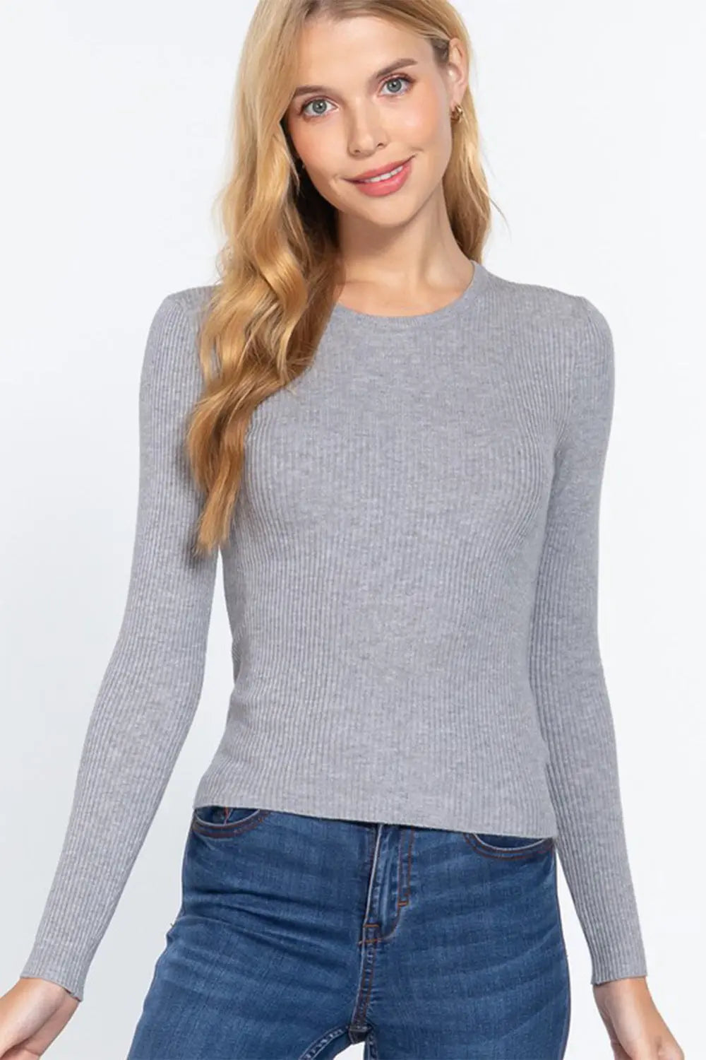 ACTIVE BASIC Full Size Ribbed Round Neck Long Sleeve Knit Top-Very Besty