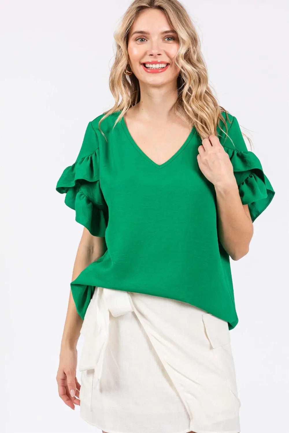 GeeGee Ruffled Short Sleeve V-Neck Blouse-Very Besty