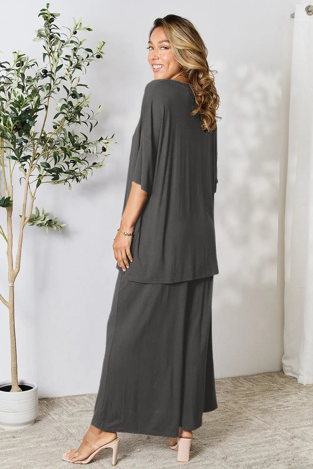 Double Take Full Size Round Neck Slit Top and Pants Set-Very Besty