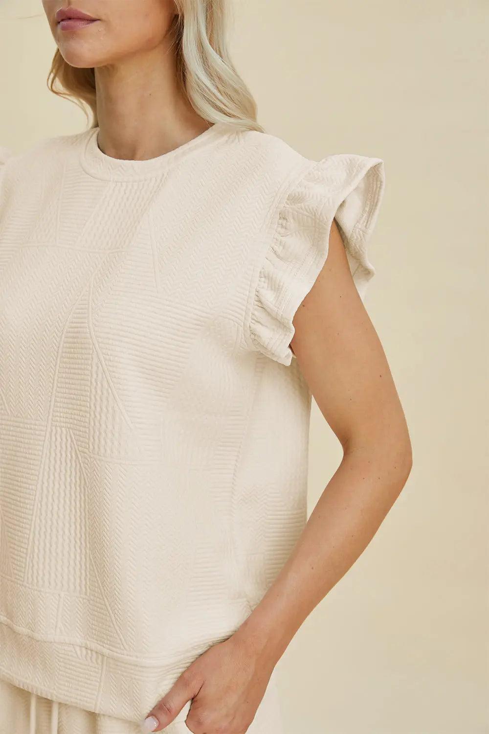 Double Take Full Size Texture Round Neck Ruffle Sleeve Top and Shorts Set-Very Besty
