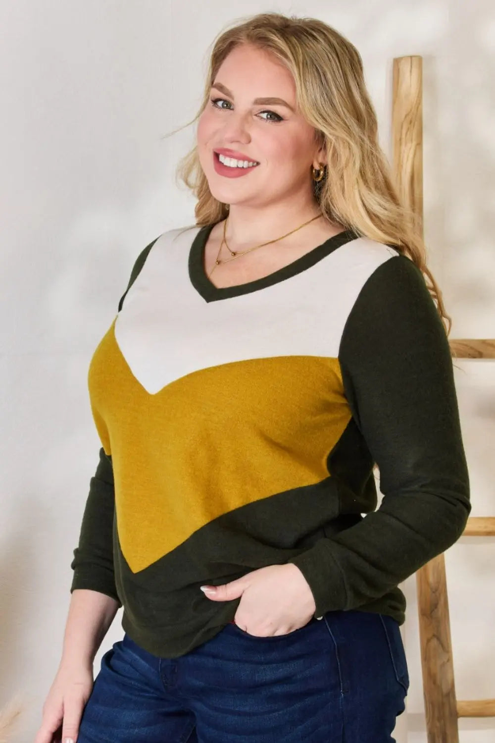 Hailey & Co Full Size Colorblock V-Neck Blouse-Very Besty