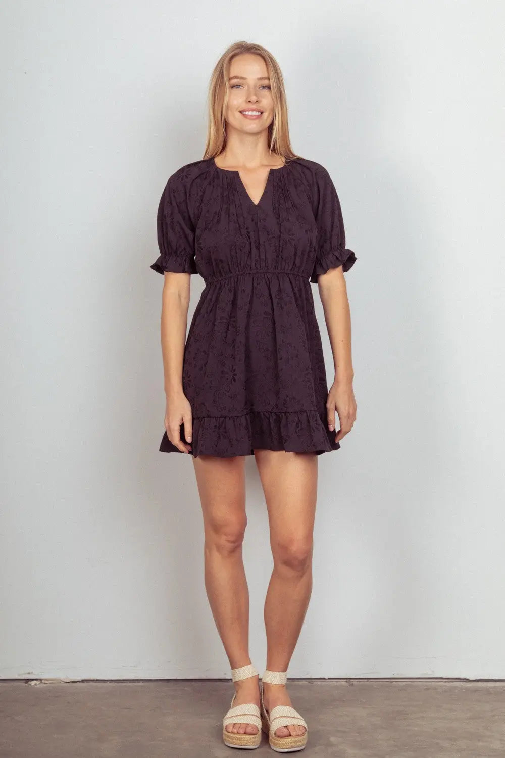 VERY J Floral Textured Woven Ruffled Mini Dress-Very Besty