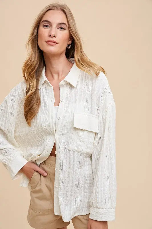 Annie Wear Openwork Button Down Drop Shoulder Shirt-Very Besty