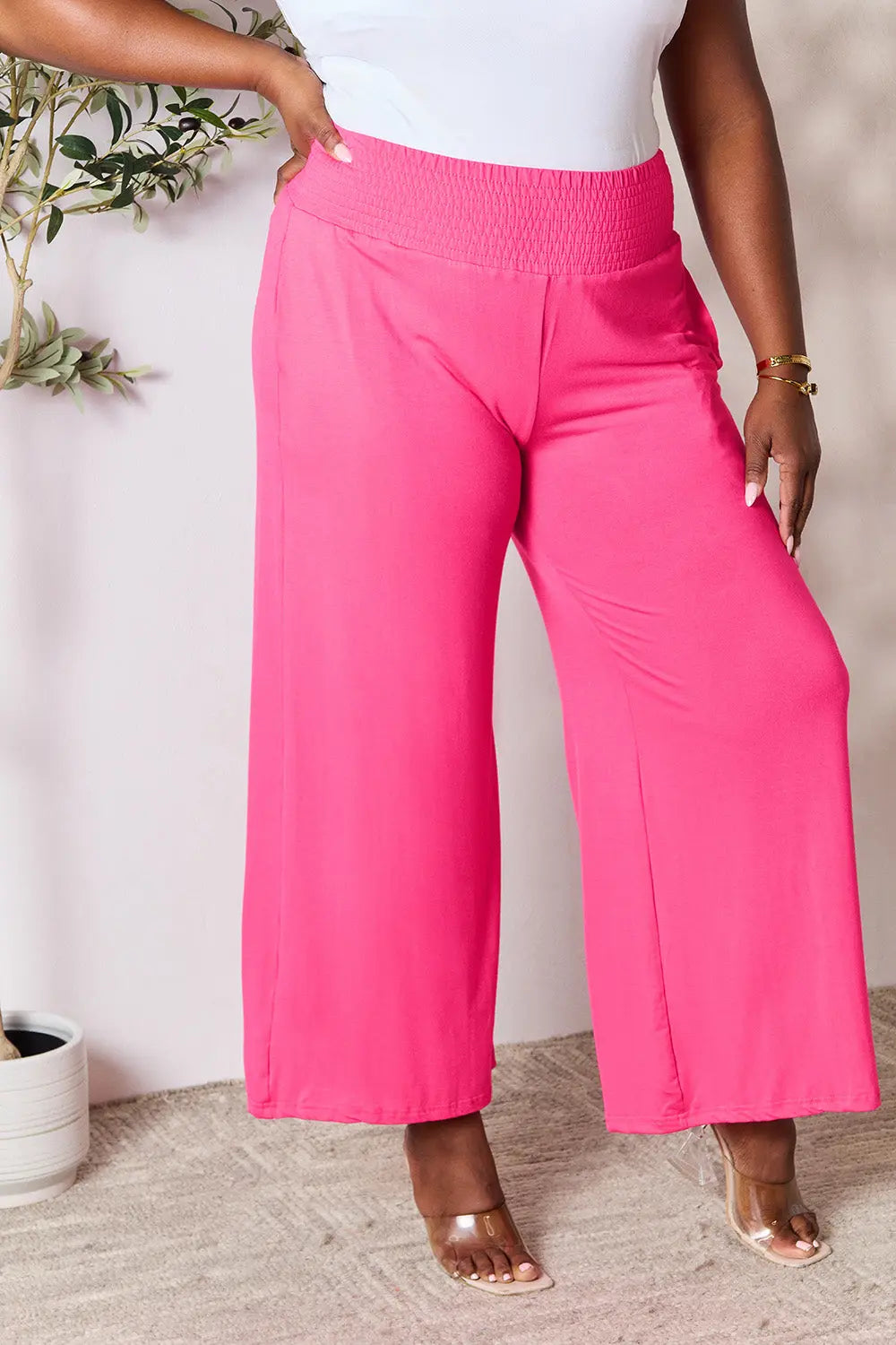 Basic Bae Full Size Smocked Wide Waistband Wide Leg Pants-Very Besty