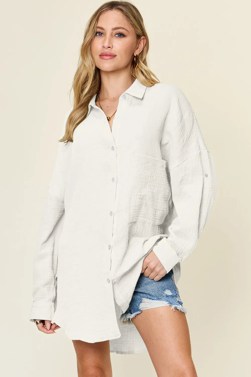 Double Take Full Size Pocketed Texture Button Up Shirt-Very Besty