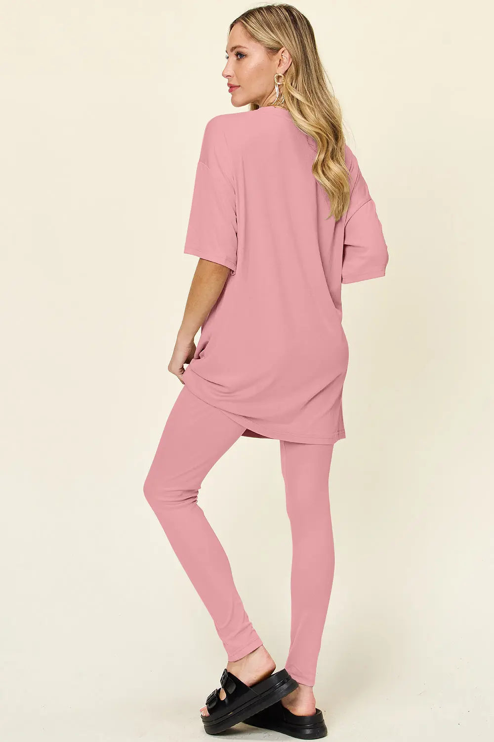 Double Take Full Size Round Neck Dropped Shoulder T-Shirt and Leggings Set-Very Besty