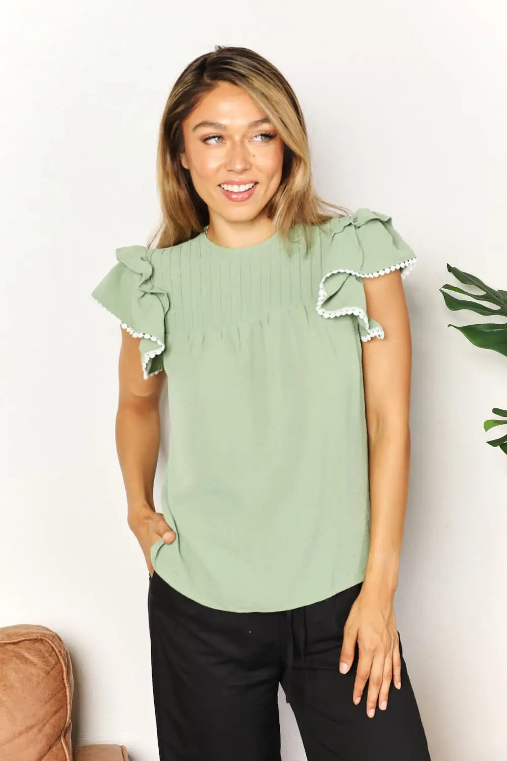 Perfee Pleated Detail Flutter Sleeve Blouse-Very Besty