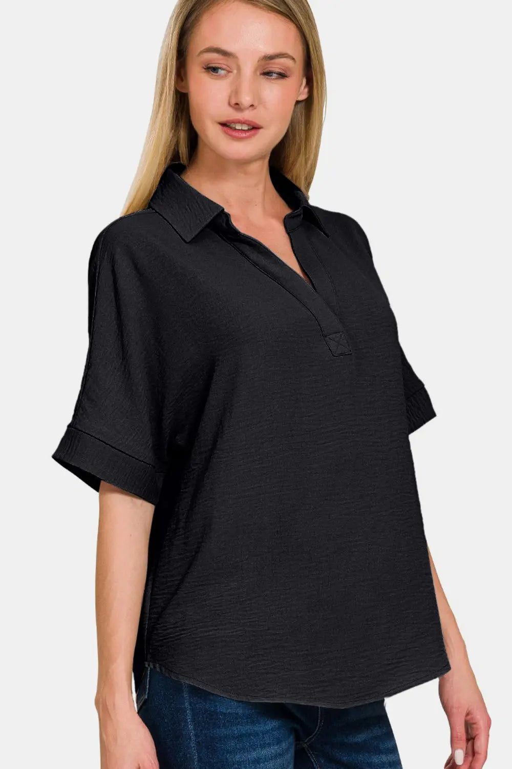Zenana Full Size Texture Collared Neck Short Sleeve Top-Very Besty
