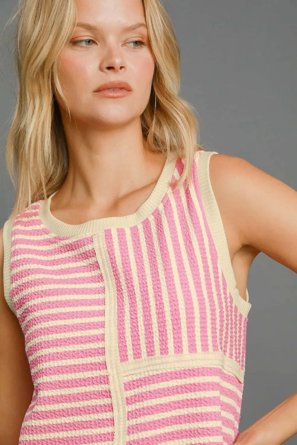 Umgee Round Neck Texture Striped Tank-Very Besty