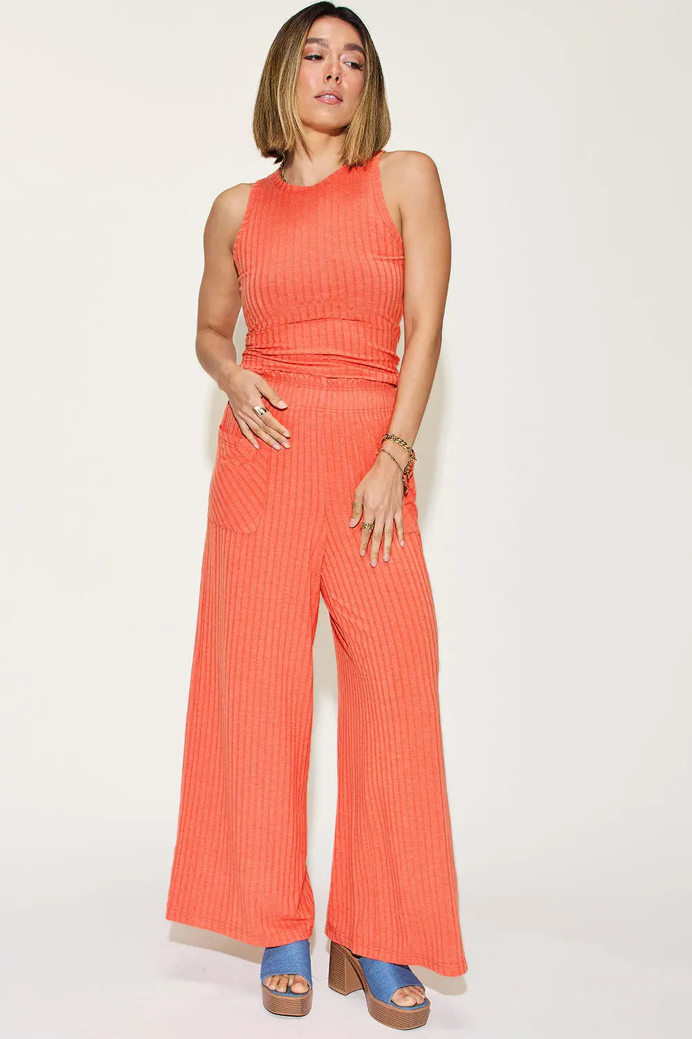 Basic Bae Full Size Ribbed Tank and Wide Leg Pants Set-Very Besty