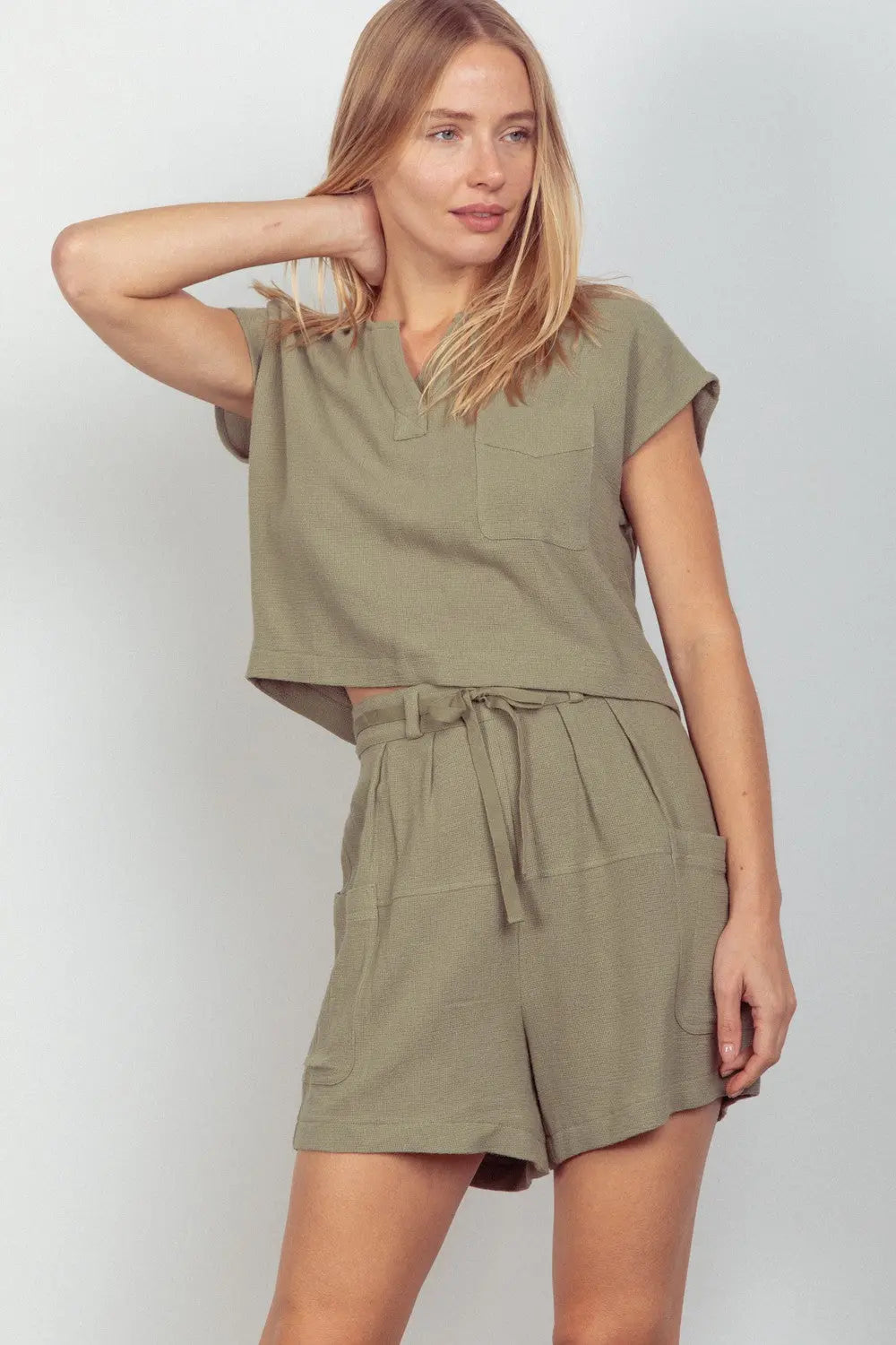 VERY J Woven Cropped Top & Waist Tie Shorts Set-Very Besty