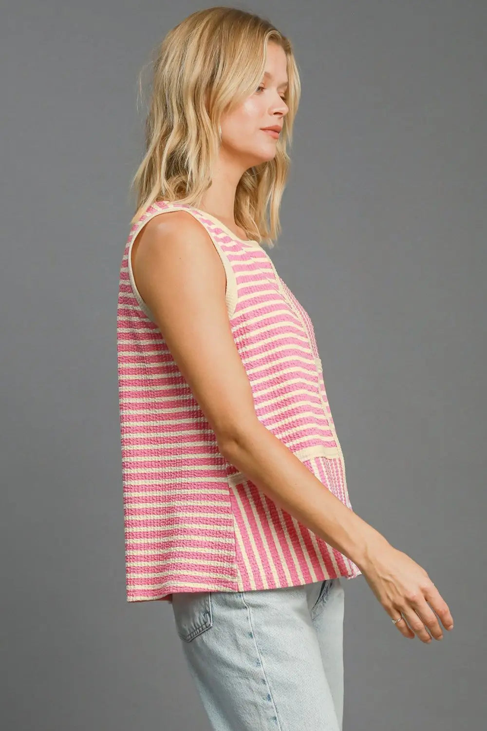 Umgee Round Neck Texture Striped Tank-Very Besty
