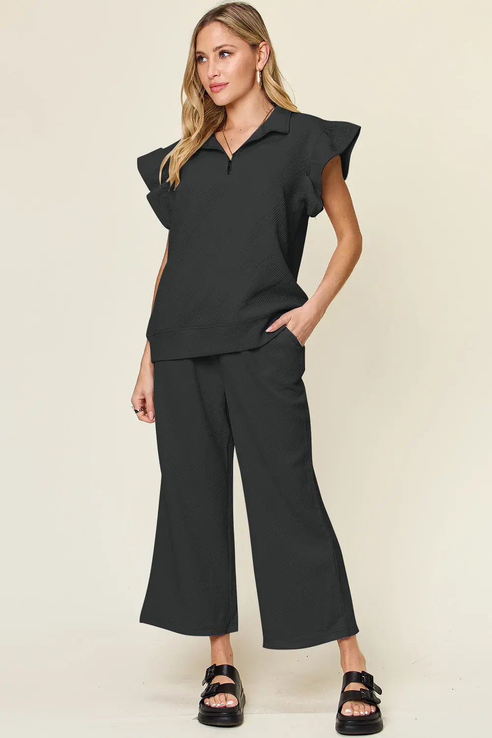 Double Take Texture Ruffle Short Sleeve Top and Drawstring Wide Leg Pants Set-Very Besty