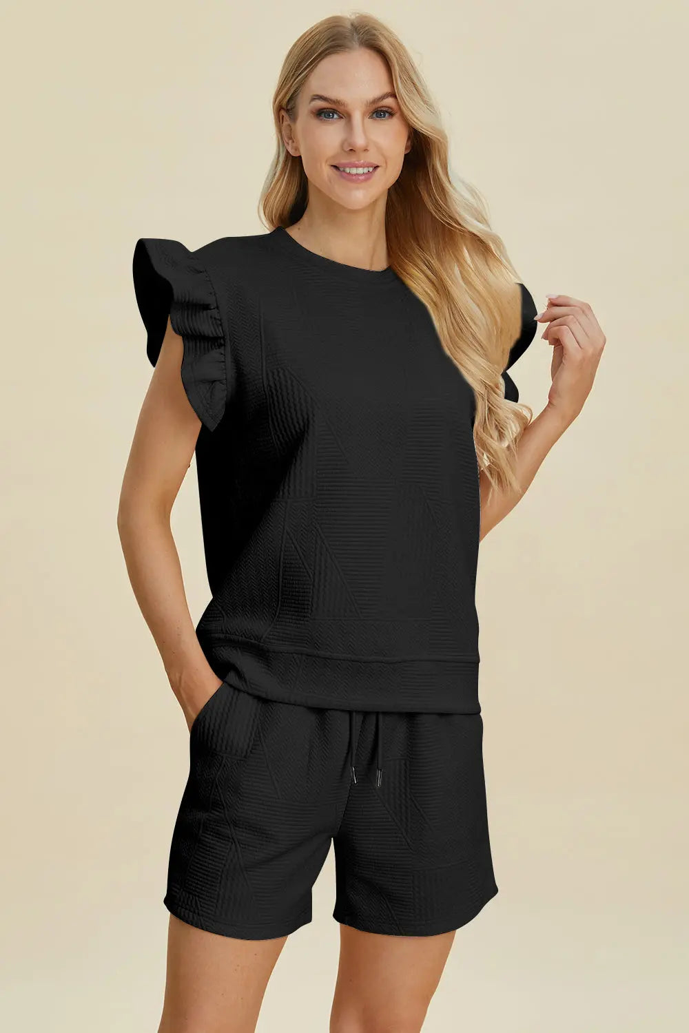 Double Take Full Size Texture Round Neck Ruffle Sleeve Top and Shorts Set-Very Besty